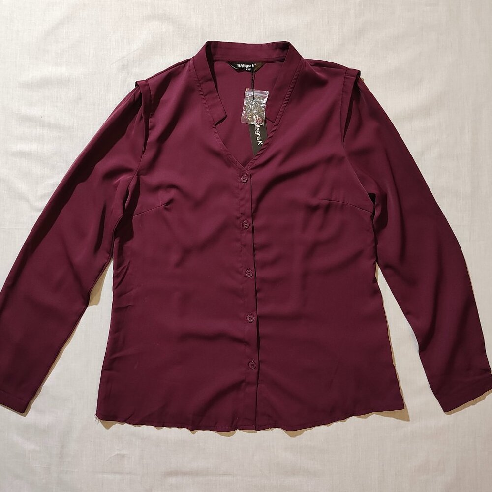 Allegra K Women's Medium Collarless Burgundy Long Sleeve‎ Blouse NWT